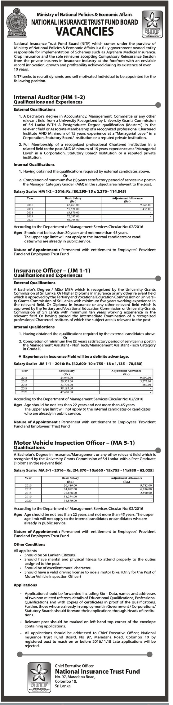 Internal Auditor, Insurance Officer, Motor Vehicle Inspection Officer - National Insurance Trust Fund Board	